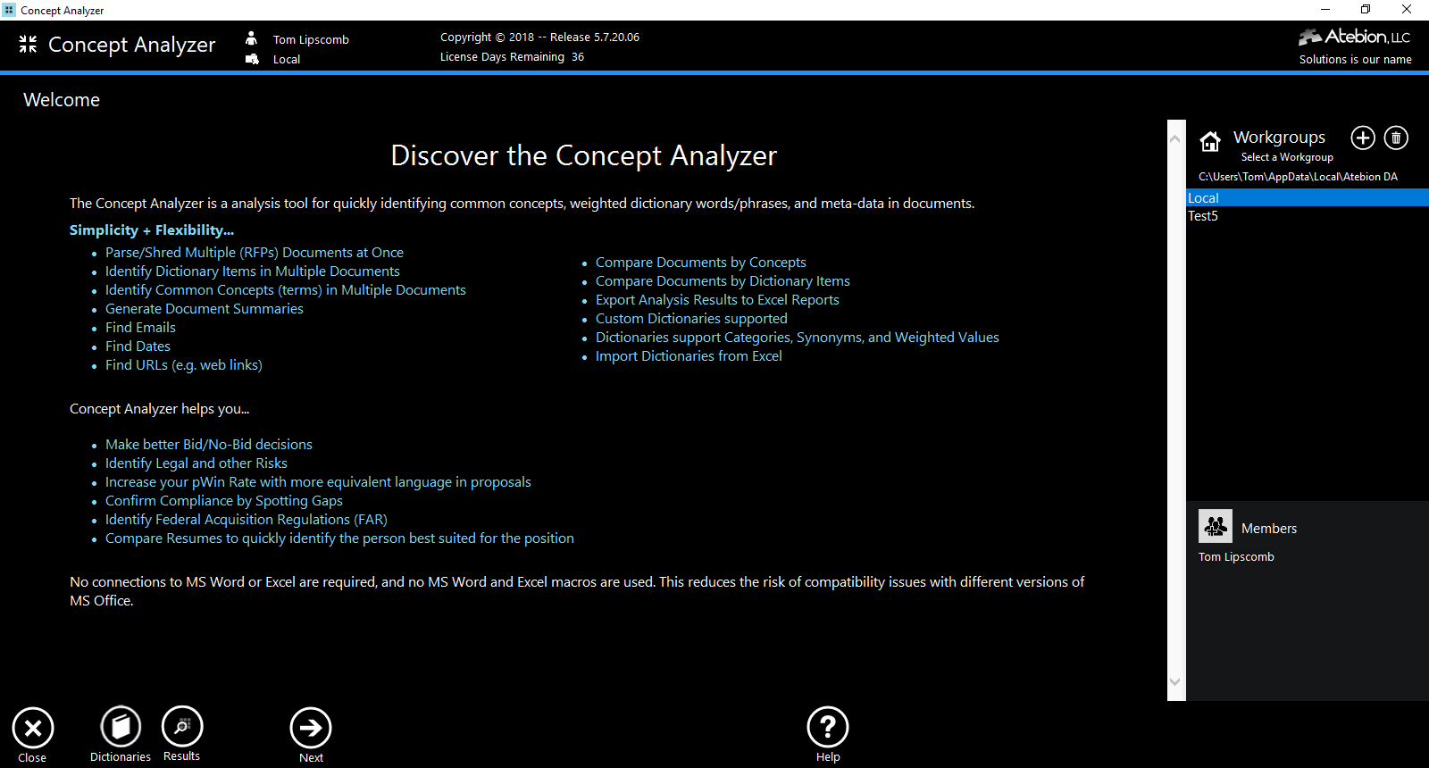 Screen image of the Concept Analyzer's Welcome panel and Workgroups subpanel