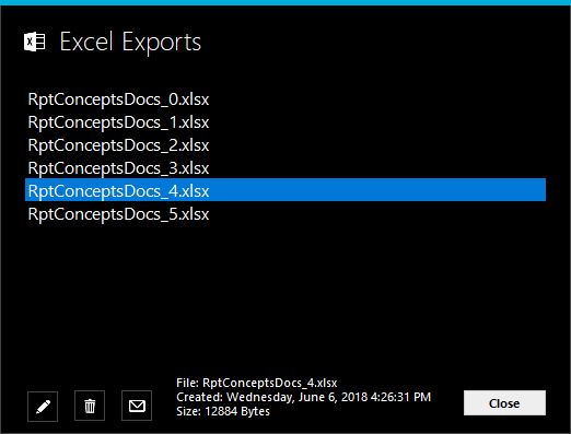 Image of the Results Concept Excel Reports window
